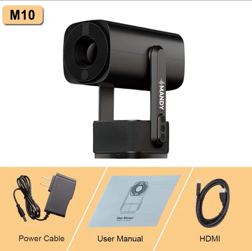 Black Mandy M10 rechargeable projector shown with included accessories: power cable, user manual, and HDMI cable, on a white and beige layout.