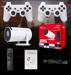 The image shows a smart projector named Mandy M300 MAX along with two game pads, a box packaging, remote control, and power cord. The projector is white, and the game pads are also white with multiple buttons and analog sticks.