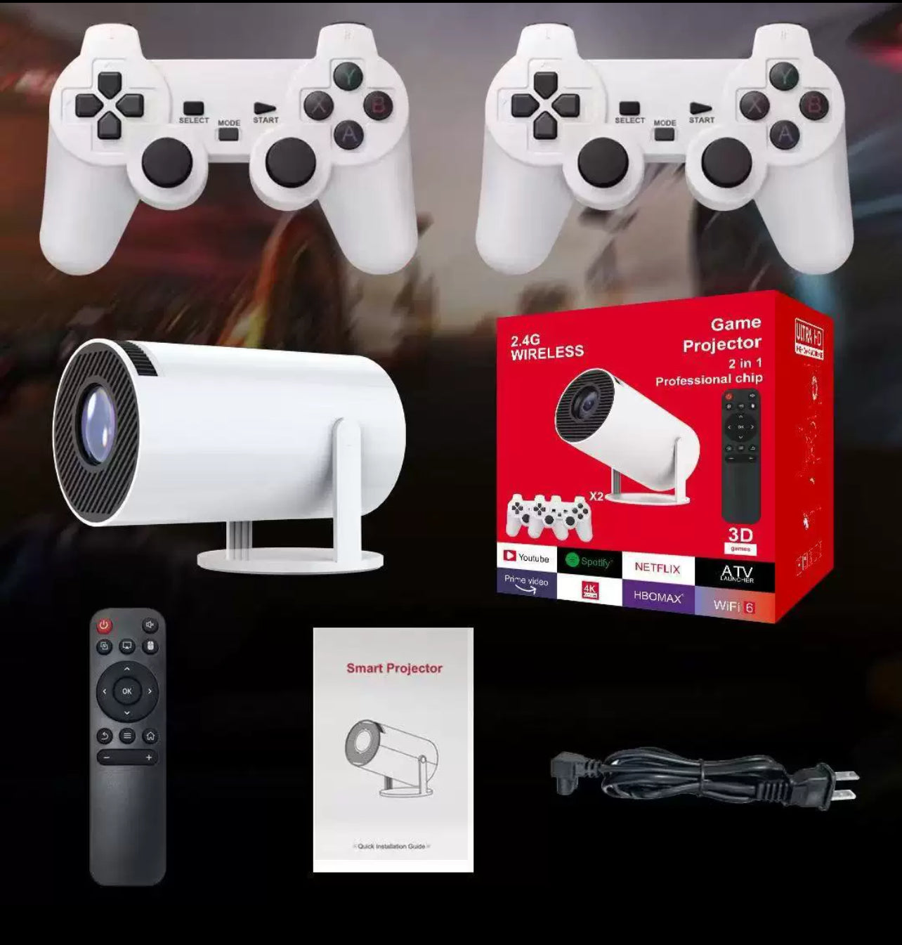 The image shows a smart projector named Mandy M300 MAX along with two game pads, a box packaging, remote control, and power cord. The projector is white, and the game pads are also white with multiple buttons and analog sticks.