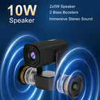 Mandy Rechargeable Mini Projector with speakers on a blue background, highlighting 10W speaker, 2x5W speakers, and immersive stereo sound.