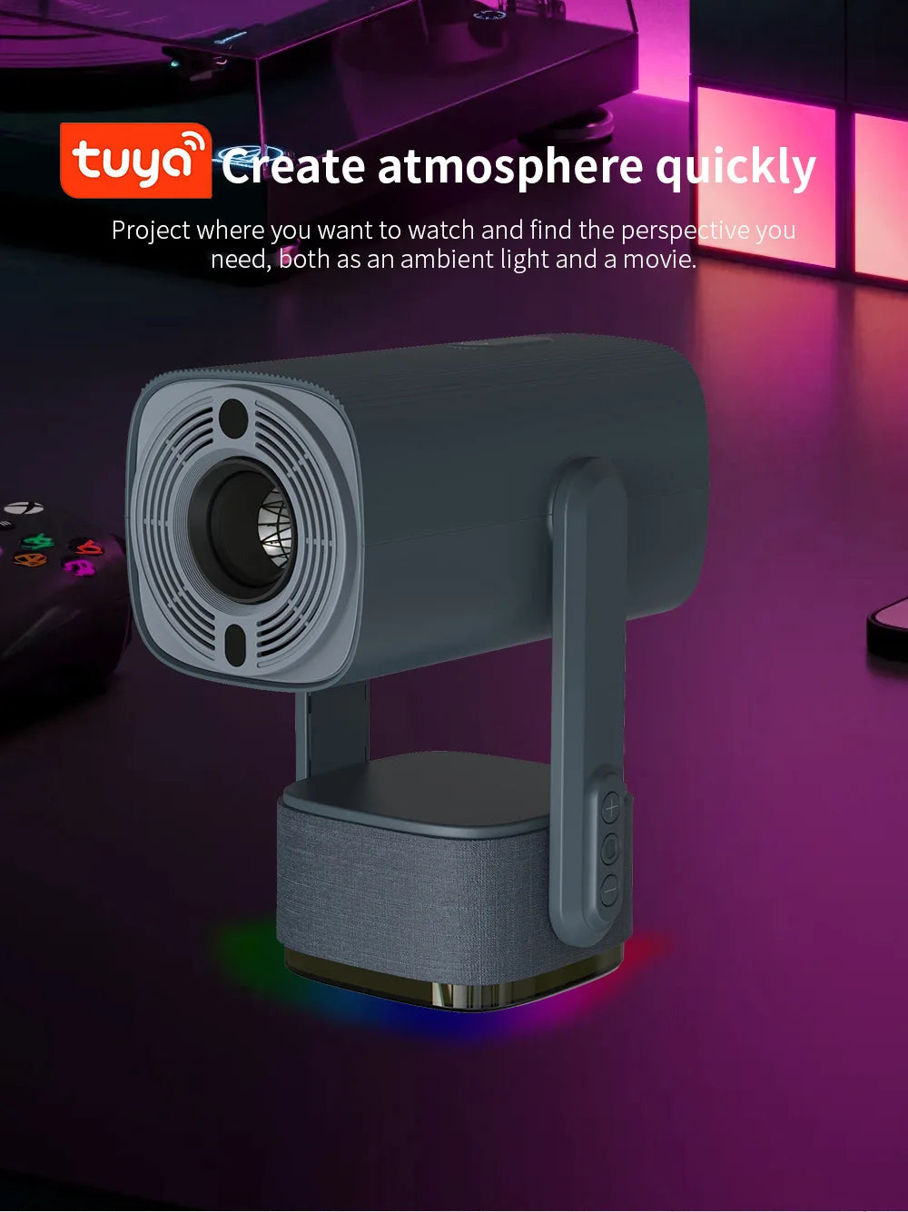 Mandy Rechargeable Mini Projector showing compability with Tuya 