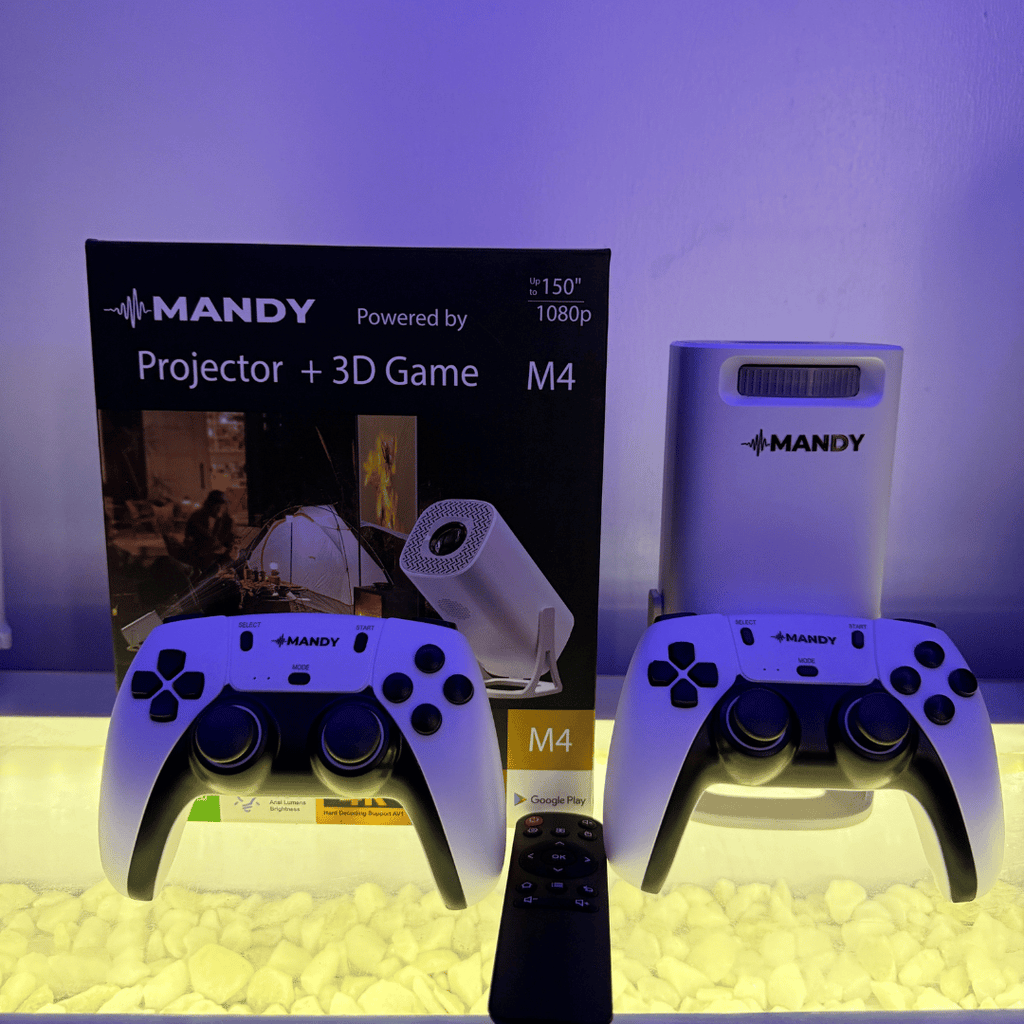 MANDY mini smart projector and 3D game system with controllers on a glowing surface