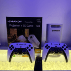 MANDY mini smart projector and 3D game system with controllers on a glowing surface