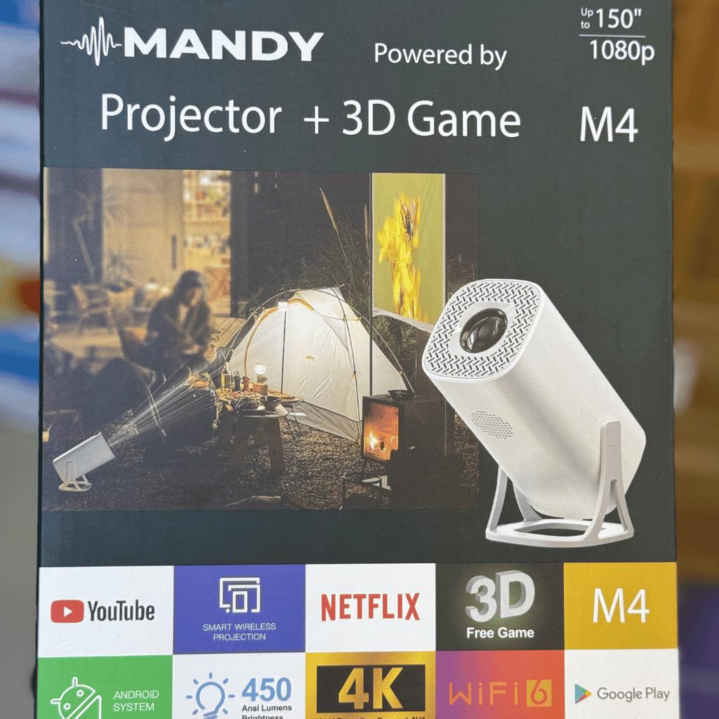 Mandy smart portable projector packaging with images of a tent and people, and text highlighting features like 3D game and Netflix compatibility.