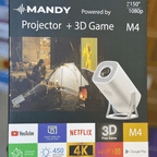 Mandy smart portable projector packaging with images of a tent and people, and text highlighting features like 3D game and Netflix compatibility.