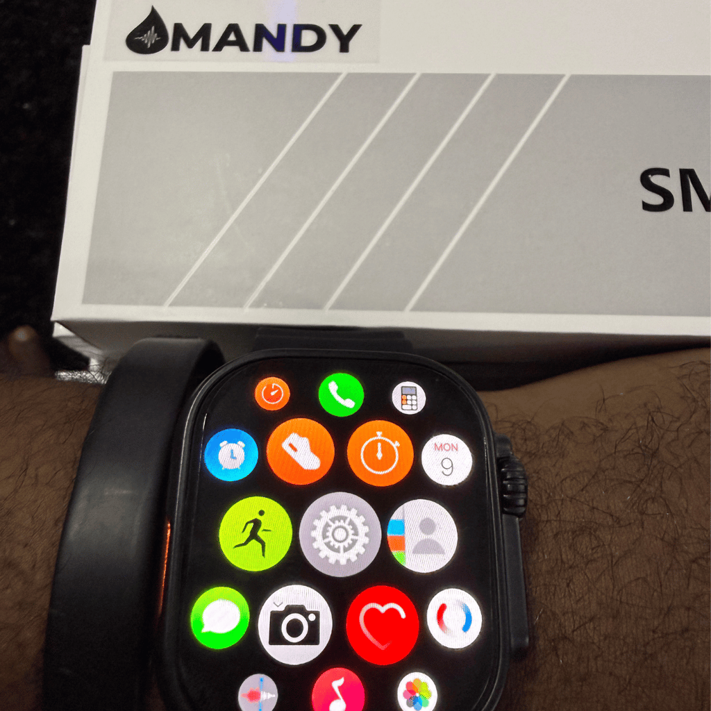 Mandy Android Smartwatch M12 with colorful app icons on a wrist, with 'MANDY' branding in the background.