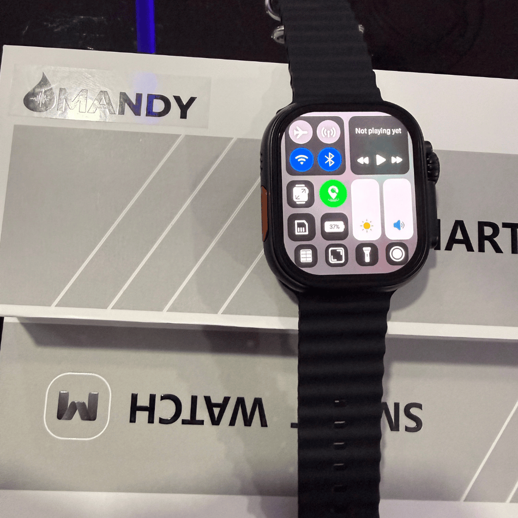Mandy Android Smartwatch M12 Smartwatch with a black band on a branded surface