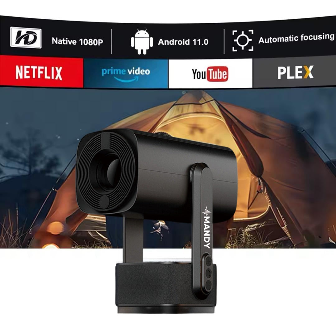 A black handheld Mandy Rechargeable projector with a vertical handle grip, branded MANDY, shown in front of a camping tent background. The top banner highlights features like Native 1080p, Android 11.