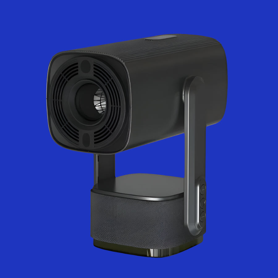 Mandy rechargeable smart projector with a lens visible at the front and a handle on the side.