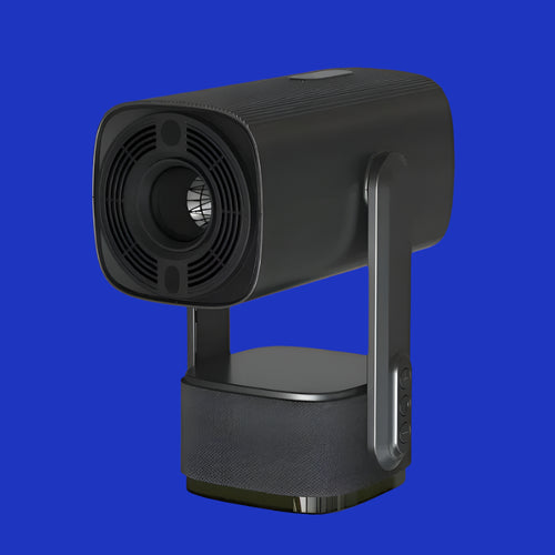 Mandy rechargeable smart projector with a lens visible at the front and a handle on the side.